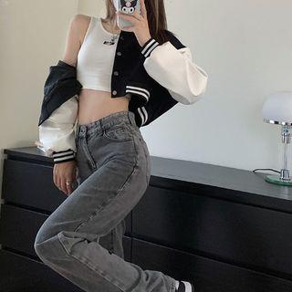 Cropped Baseball Jacket / High-waist Straight-leg Jeans
