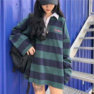 Long-sleeve Striped Oversized Polo Shirt As Shown In Figure - One Size