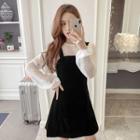 Set: Dotted Long-sleeve Top + Velvet Spaghetti Strap A-line Dress