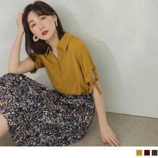 Tie-cuff Short-sleeve Half-button Chiffon Blouse