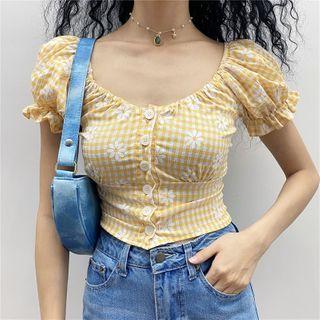 Wide-neck Printed Crop Blouse