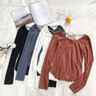 Plain Crewneck Long-sleeve Slim-fit Top
