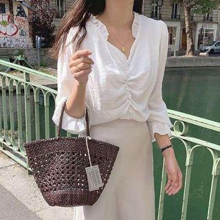 V-neck Frilled Trim Blouse White - One Size