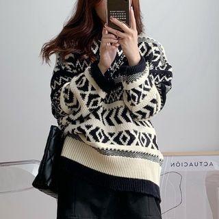 Long-sleeve Print Sweater Black - One Size