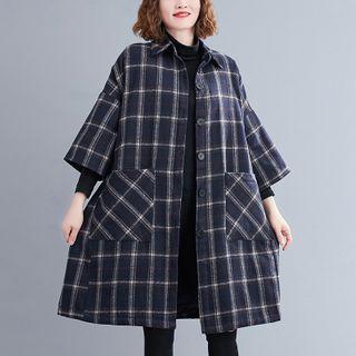 Plaid Elbow-sleeve Midi Coat