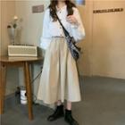 Stand-collar Puff-sleeve Shirt / High-waist Plain A-line Semi Skirt