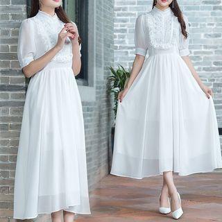 Elbow-sleeve Floral Embroidered Midi A-line Dress