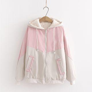 Fleece-lined Letter Embroidered Hooded Zip Jacket