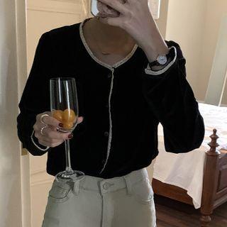 Long-sleeve V-neck Color-block Velvet Top Black - One Size