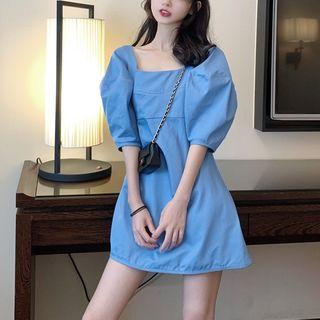 Elbow-sleeve Square-neck A-line Dress