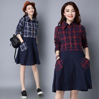 Plaid-panel Collared Dress