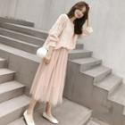 Plain Pointelle Knit Sweater / Mesh A-line Skirt / Set