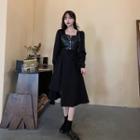 Long-sleeve Midi A-line Dress / Faux Leather Camisole Top