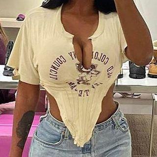 Short-sleeve Lettering Asymmetrical Crop Top