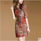 Elbow-sleeve Floral Print Gathered-waist Chiffon A-line V-neck Sheath Dress