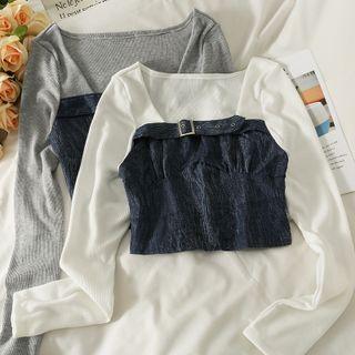 Patchwork Buckled-accent Denim Crop Top