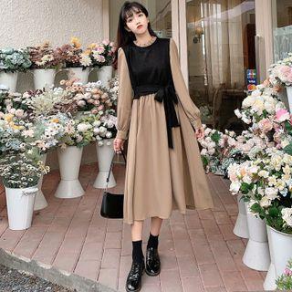 Mock Two-piece Long-sleeve Ruffled Trim Panel Dress