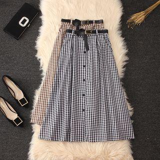 Button Midi A-line Plaid Skirt