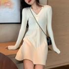 Long-sleeve V-neck Knit Mini A-line Dress