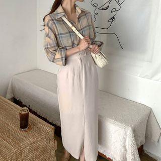Long-sleeve Plaid Shirt / Midi Shift Skirt