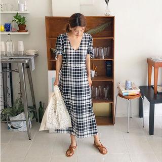 Plunge-neck Tie-sleeve Plaid Maxi Dress