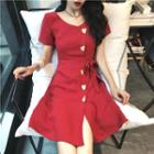 Heart Buttoned Short-sleeve Slim-fit Dress Red - One Size