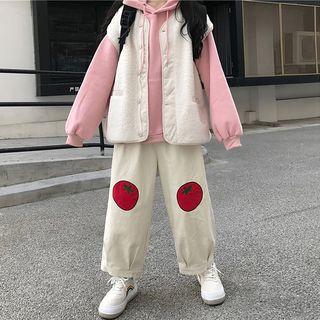 Plain Hoodie / Faux Shearling Buttoned Vest / Wide-leg Pants