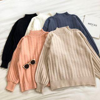 Plain Mock-neck Long-sleeve Rib-knit Sweater