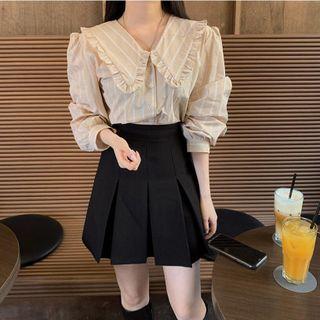 Short-sleeve Striped Blouse / Pleated Skirt / Set