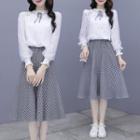 Set: Lantern-sleeve Lace Blouse + Gingham A-line Skirt