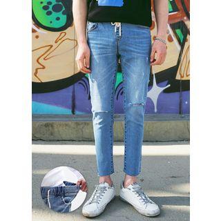 Drawstring-waist Slit-trim Jeans