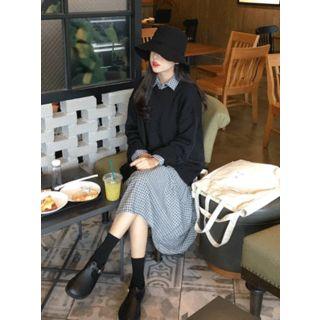 Collared Long-sleeve Half-placket Plaid Long Dress