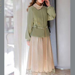 Embroidered Button-up Blouse / Lace Trim Midi Skirt