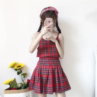 Set: Plaid Camisole Top + High Waist A-line Skirt