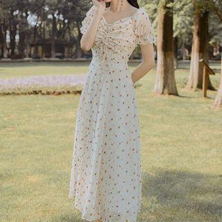 Heart Print Short-sleeve Drawstring Midi A-line Dress