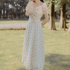 Heart Print Short-sleeve Drawstring Midi A-line Dress
