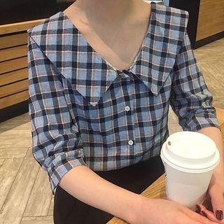 Plaid Elbow-sleeve Collared Blouse