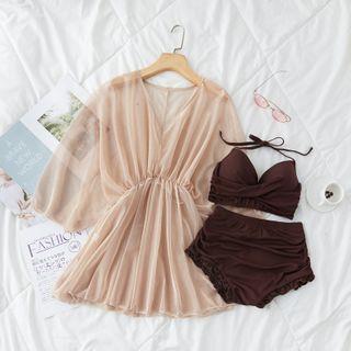 Set: Long-sleeve Mesh Swim Dress + Bikini Top + Shorts