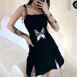 Spaghetti Strap Butterfly Print Lace-up Mini Sheath Dress