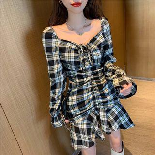 Off-shoulder Plaid Drawstring A-line Dress Plaid - Black & White - One Size