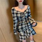 Off-shoulder Plaid Drawstring A-line Dress Plaid - Black & White - One Size