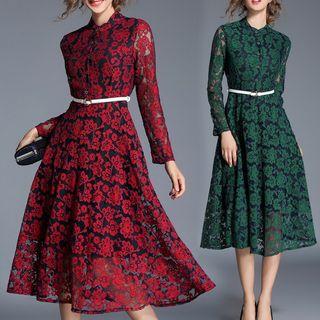 Long-sleeve A-line Midi Lace Dress With Belt