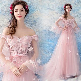Flower Applique Off-shoulder A-line Evening Gown