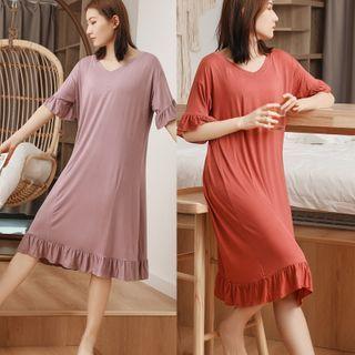 Short-sleeve Ruffle Trim Midi Sleep Dress
