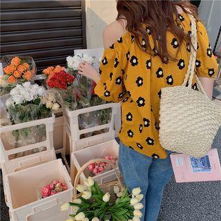 Puff-sleeve Floral Blouse Black Flower - Yellow - One Size