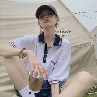 Elbow-sleeve Contrast Trim Collared T-shirt White - One Size
