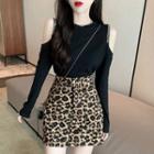 Long-sleeve Cold Shoulder Chain-accent Top / Leopard Print Mini A-line Skirt