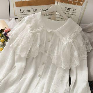 Layered Loose-fit Plain Blouse White - One Size