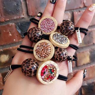Leopard Print Bead Rhinestone Disc Hair Tie