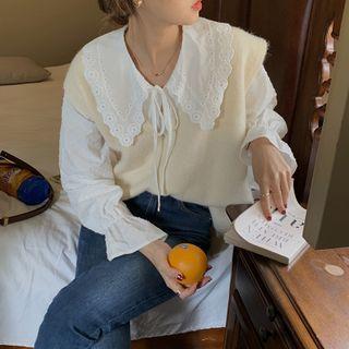 Long-sleeve Lapel Lace-up Top Off-white - One Size